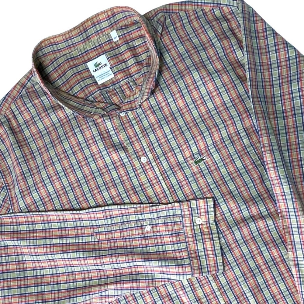 Lacoste Mens 3XLT Plaid Button Down Shirt Tan Red Blue Cotton Long Sleeve Logo